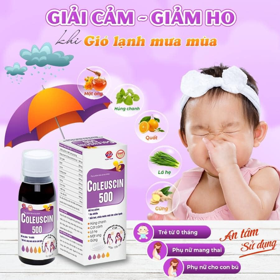 Siro ho cảm Coleuscin 500 - giảm ho, giảm đờm, sổ mũi, nghẹt mũi, dùng đươc cho trẻ sơ sinh và bà bầu - Hộp 20 gói