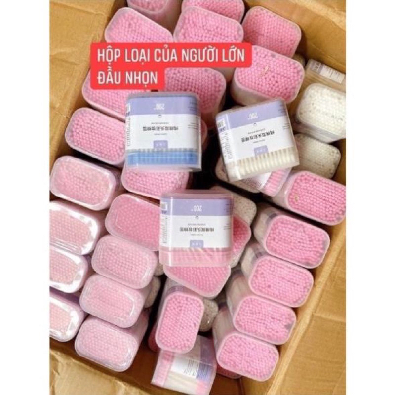 Hộp 200 Chiếc Tăm Bông Ngoáy Tai 2 Đầu,   Tăm bông hai đầu cao cấp hộp 200c