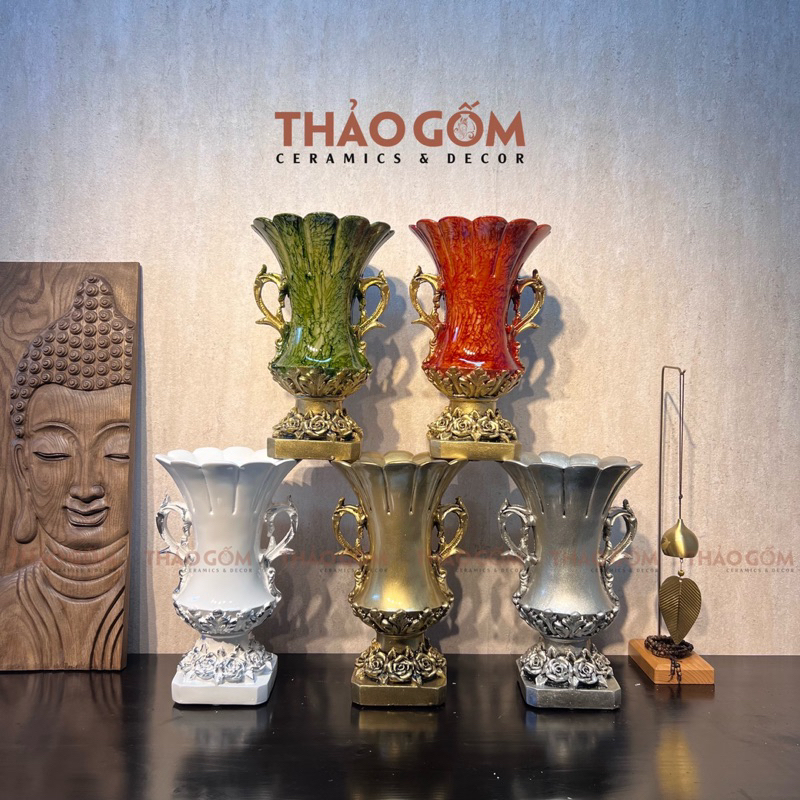 Bình Hoa Composite Dáng Cúp Chân Vuông Cắm Hoa, Cắm Lông Công, Bình Trang Trí Decor Cao Cấp | Bh28