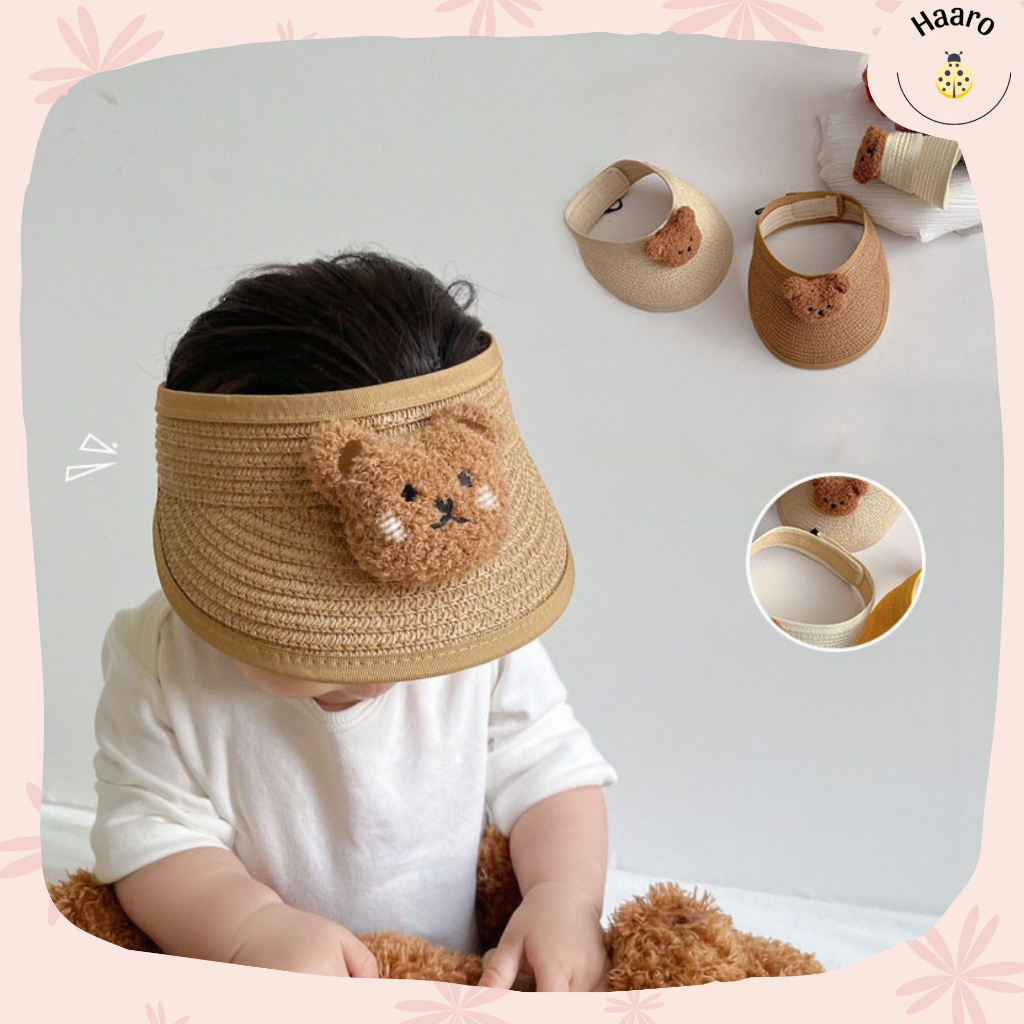 Mũ nón cói nửa đầu đính gấu bông xù đáng yêu cho bé 6-48 tháng tuổi