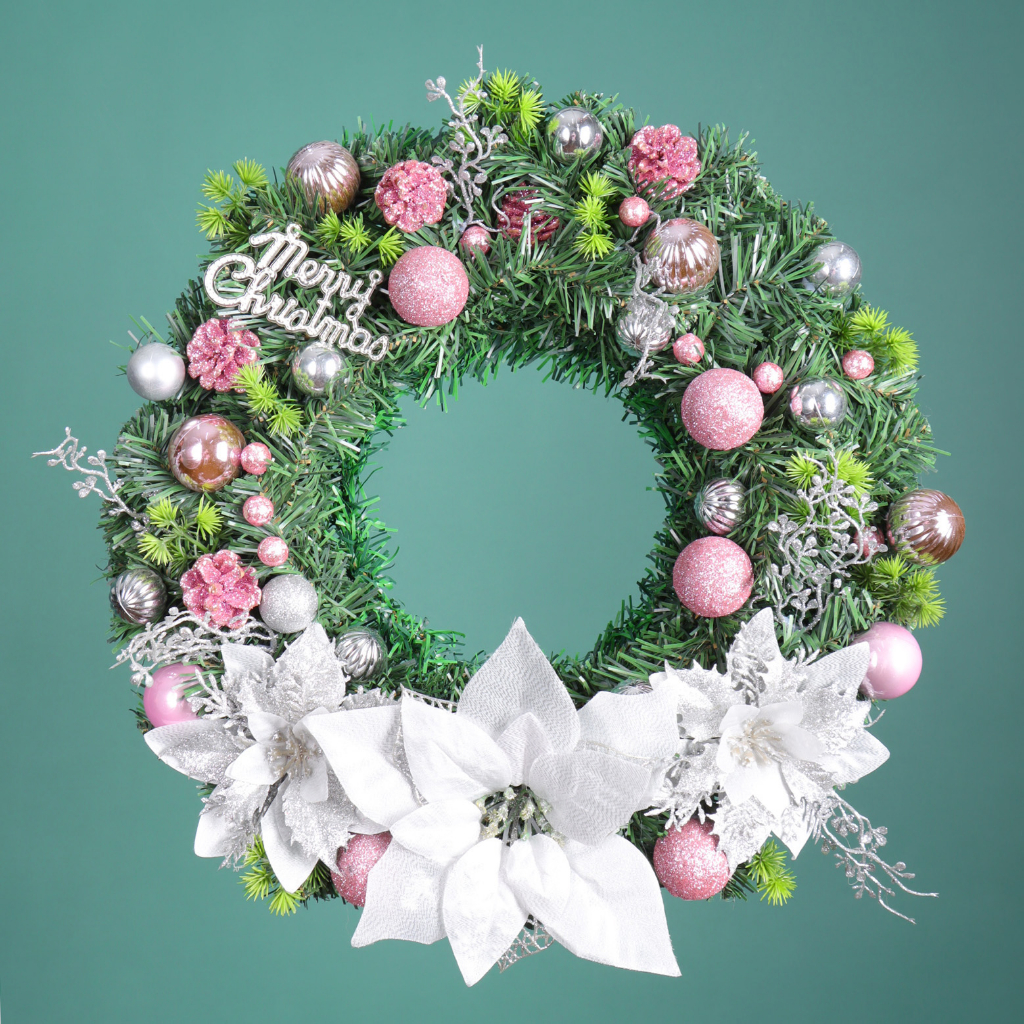 Vòng hoa Noel D42 HỒNG Vòng Hoa Trang Trí Noel Vòng Nguyệt Quế Giáng Sinh Có Đèn