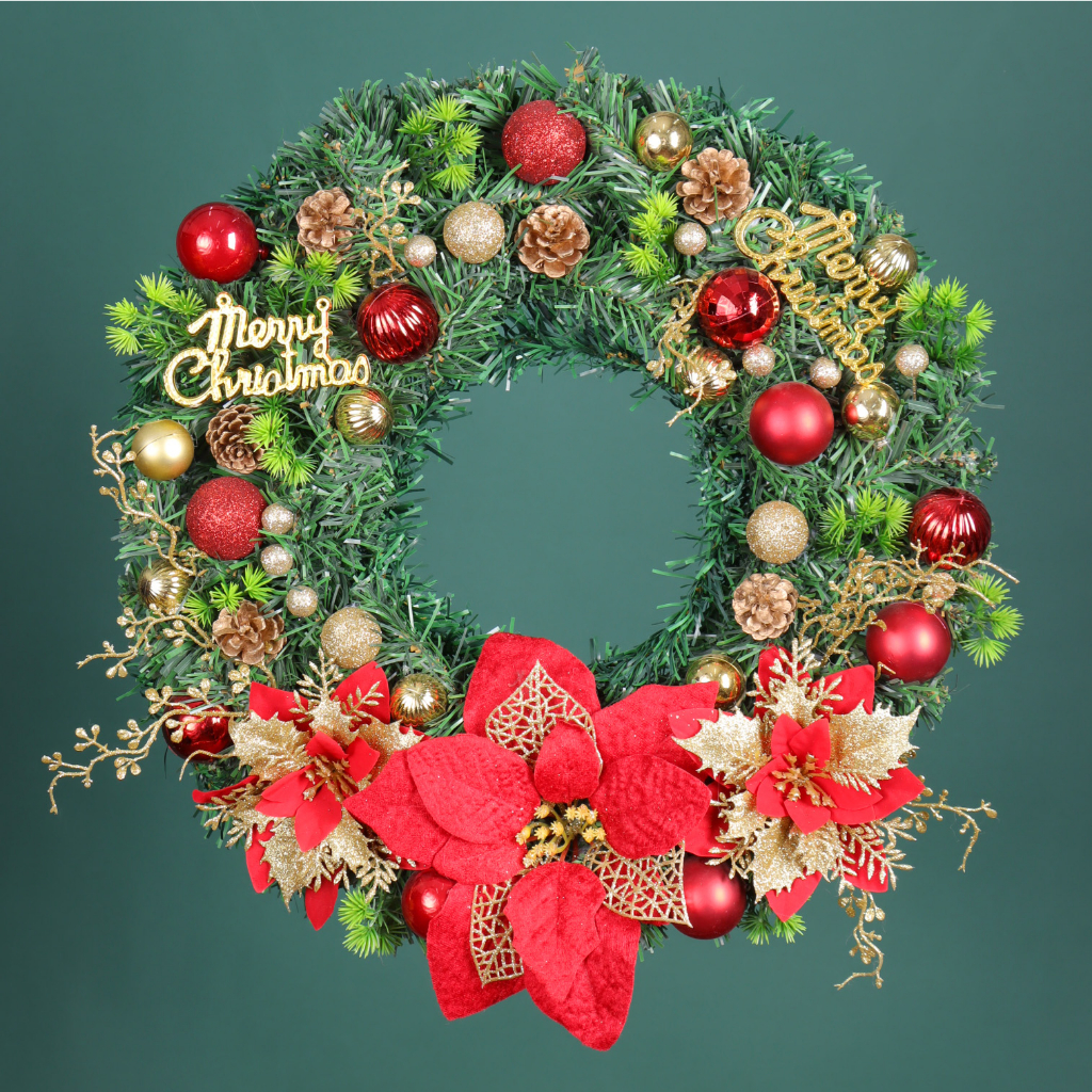 Vòng Hoa Trang Trí Noel D42 ĐỎ size 40cm Tặng Kèm Đèn, Vòng Nguyệt Quế Giáng Sinh