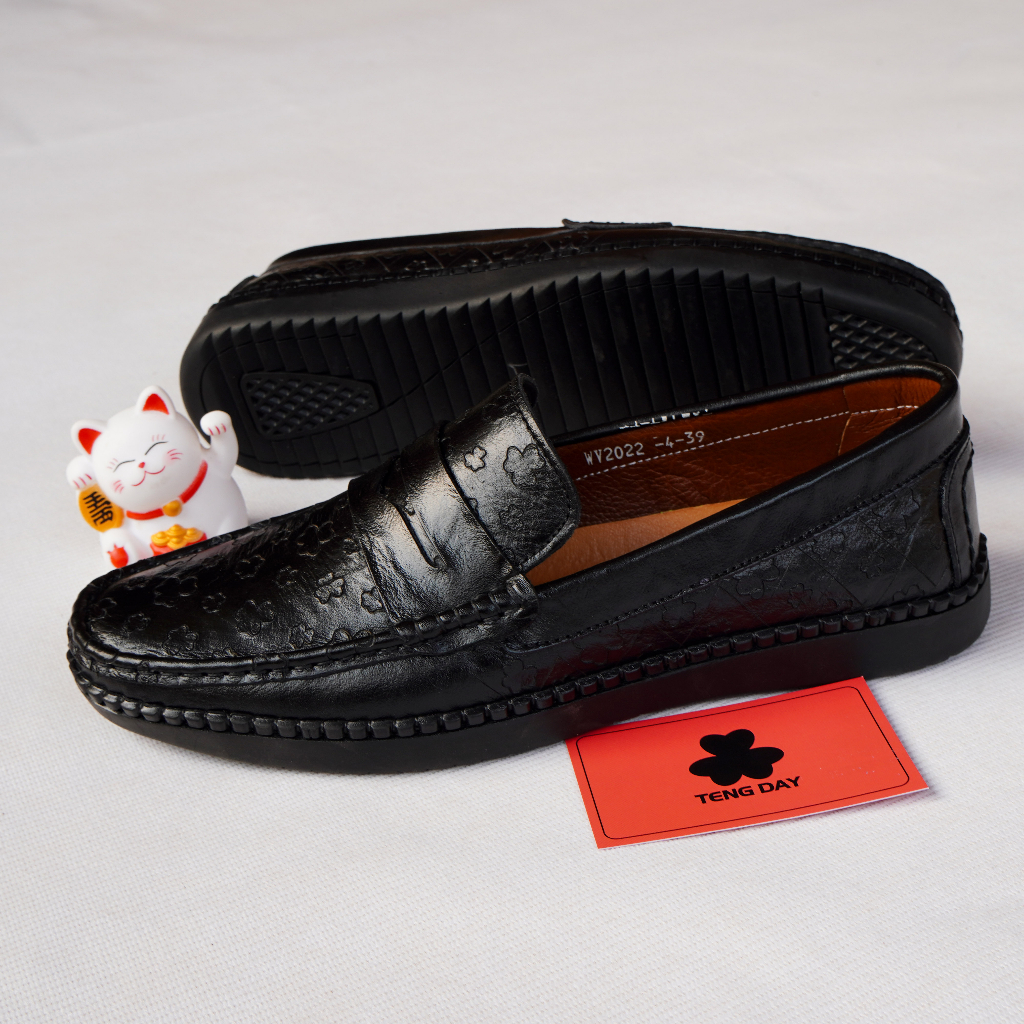 Giày Lười Nam Thời Trang, Da Bò Thật Hoa Văn Đế Cao Su. Tengday Vietnam - Màu đen, nâu, vàng