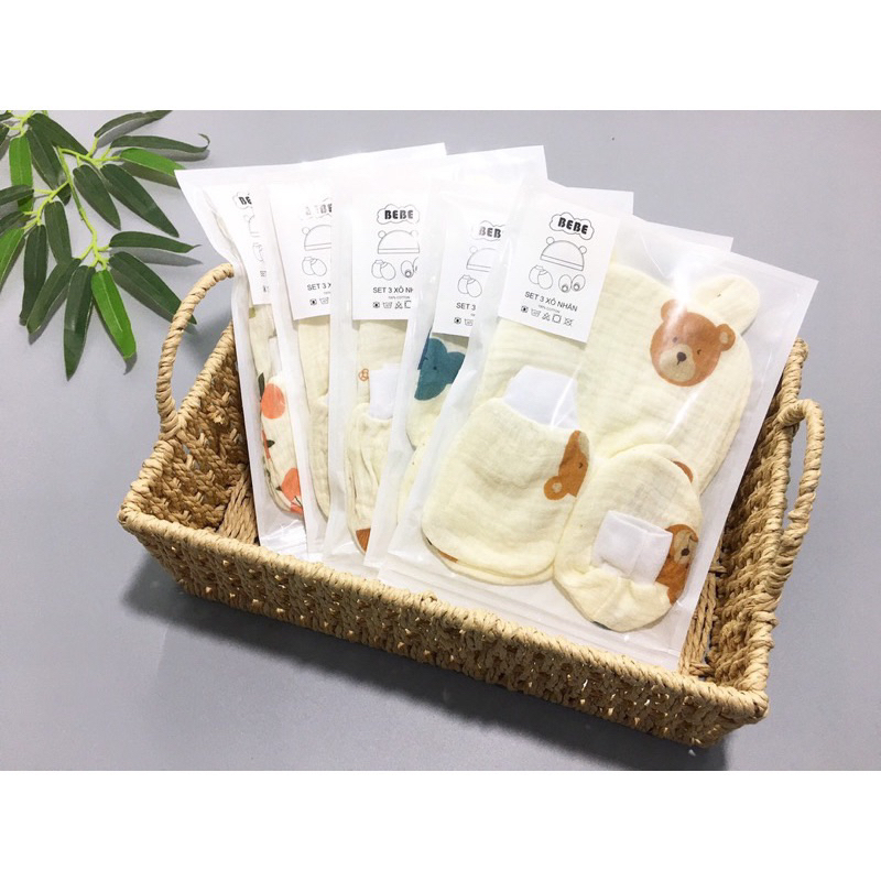 Set mũ ,bao tay,bao chân  sơ sinh chất vải xô nhăn mềm mịn thoáng mát cực tốt