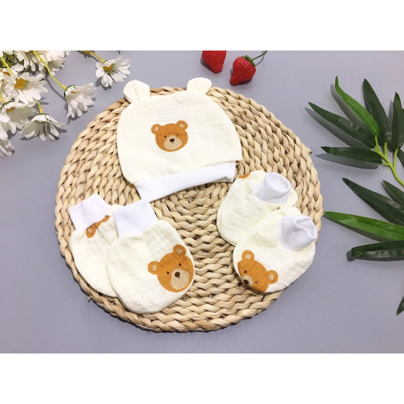 Set mũ ,bao tay,bao chân  sơ sinh chất vải xô nhăn mềm mịn thoáng mát cực tốt