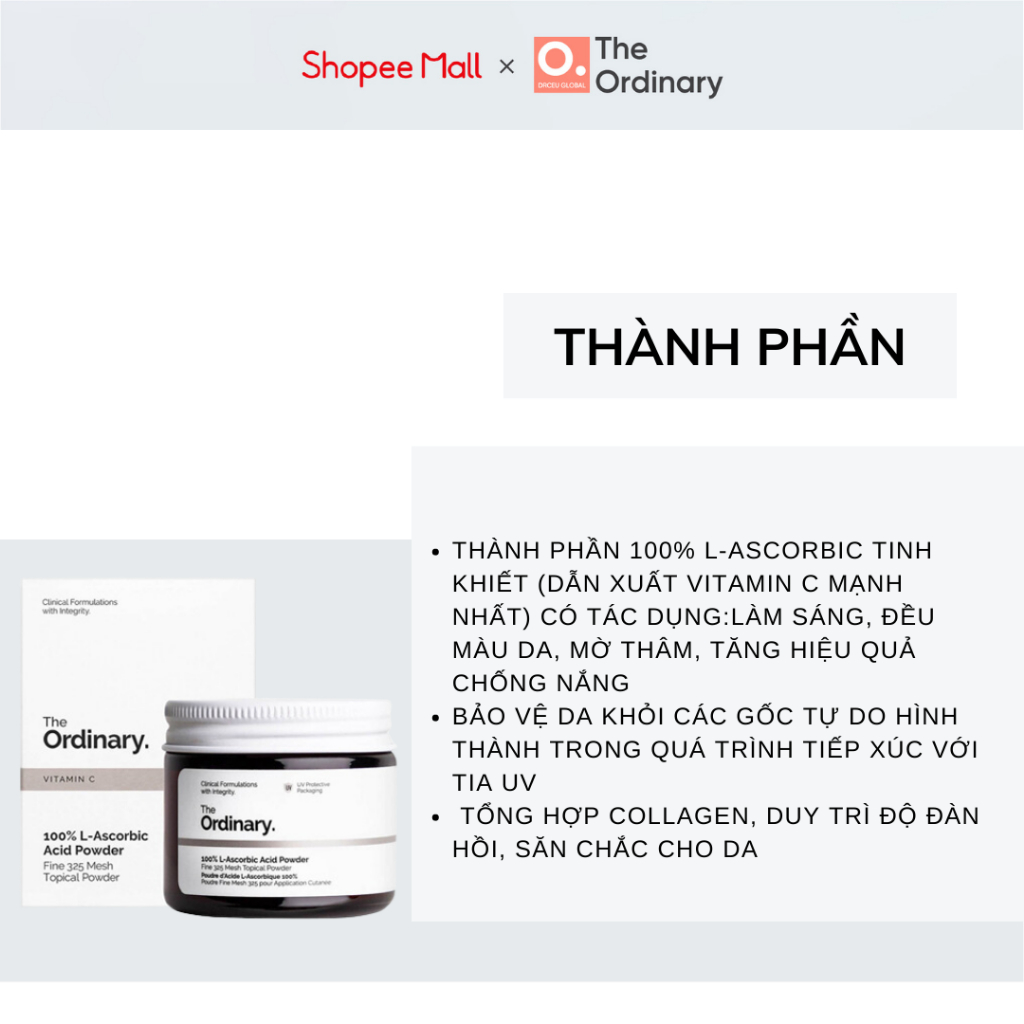 Bột Vitamin C Sáng Da Mờ Thâm The Ordinary 100% L - Ascorbic Acid Powder 20 Gram.