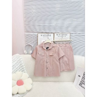 Set áo sơ mi hồng chân váy chữ A qc