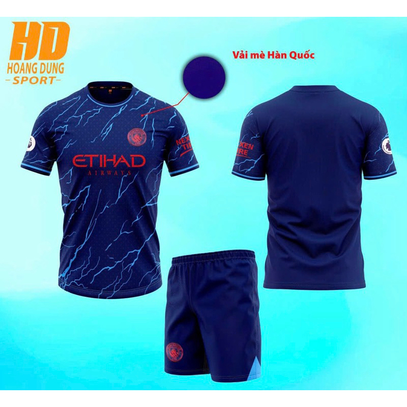 Quần áo bóng đá MANCHESTER CITY bản sân khách màu xanh đen phối hoạ tiết xanh dương vải mè cao cấp mùa giải 2023-2024