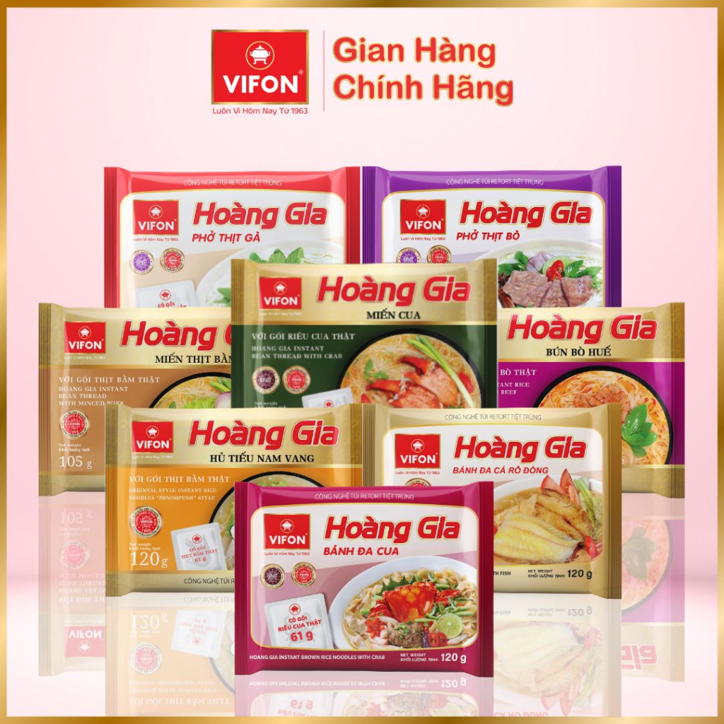 Set 5 gói Hoàng Gia bánh đa cá /Hủ tiếu nam vang/Bánh đa cua/ Bún bò huế/Miến thịt bằm/Miến cua/Phở bò/Phở gà