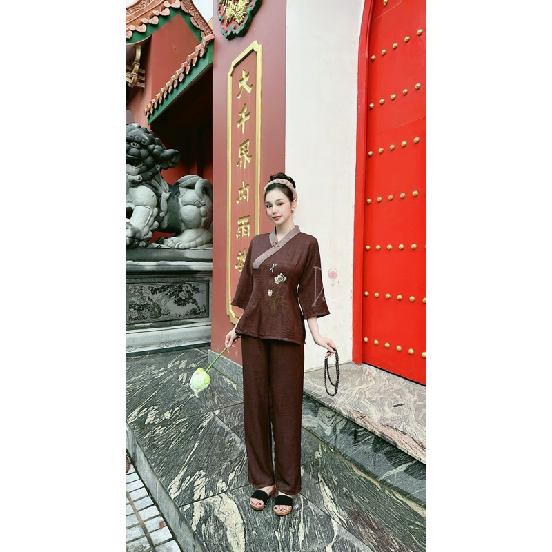 Bộ Lam Đi Chùa nhật thêu sen {mẫu mới}