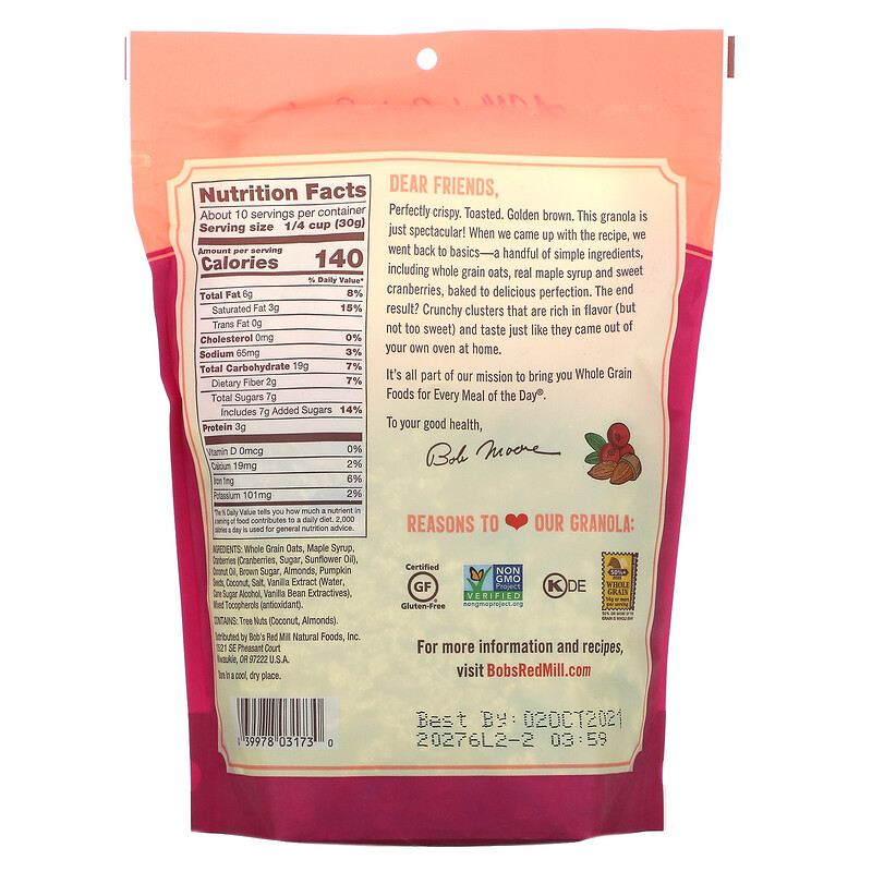 NGŨ CỐC NAM VIỆT QUẤT - QUẢ HẠNH Bob's Red Mill, Pan-Baked Granola, Cranberry Almond, Gluten-Free, Non-GMO, 312g