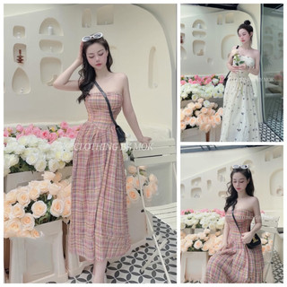 Đầm Maxi Cúp Ngực Caro + Hoa Mocking Thân Nhún Xòe Xinh Xắn