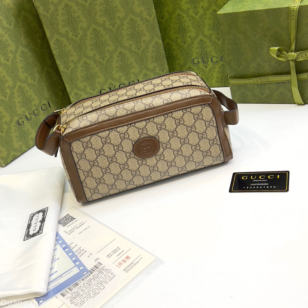 Túi hộp Clutch Gucci 2 khóa tag da nâu họa tiết monogram LA on web fullbox bill thẻ
