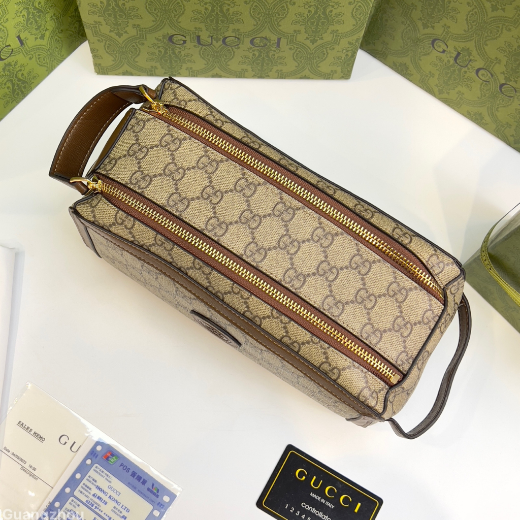 Túi hộp Clutch Gucci 2 khóa tag da nâu họa tiết monogram LA on web fullbox bill thẻ