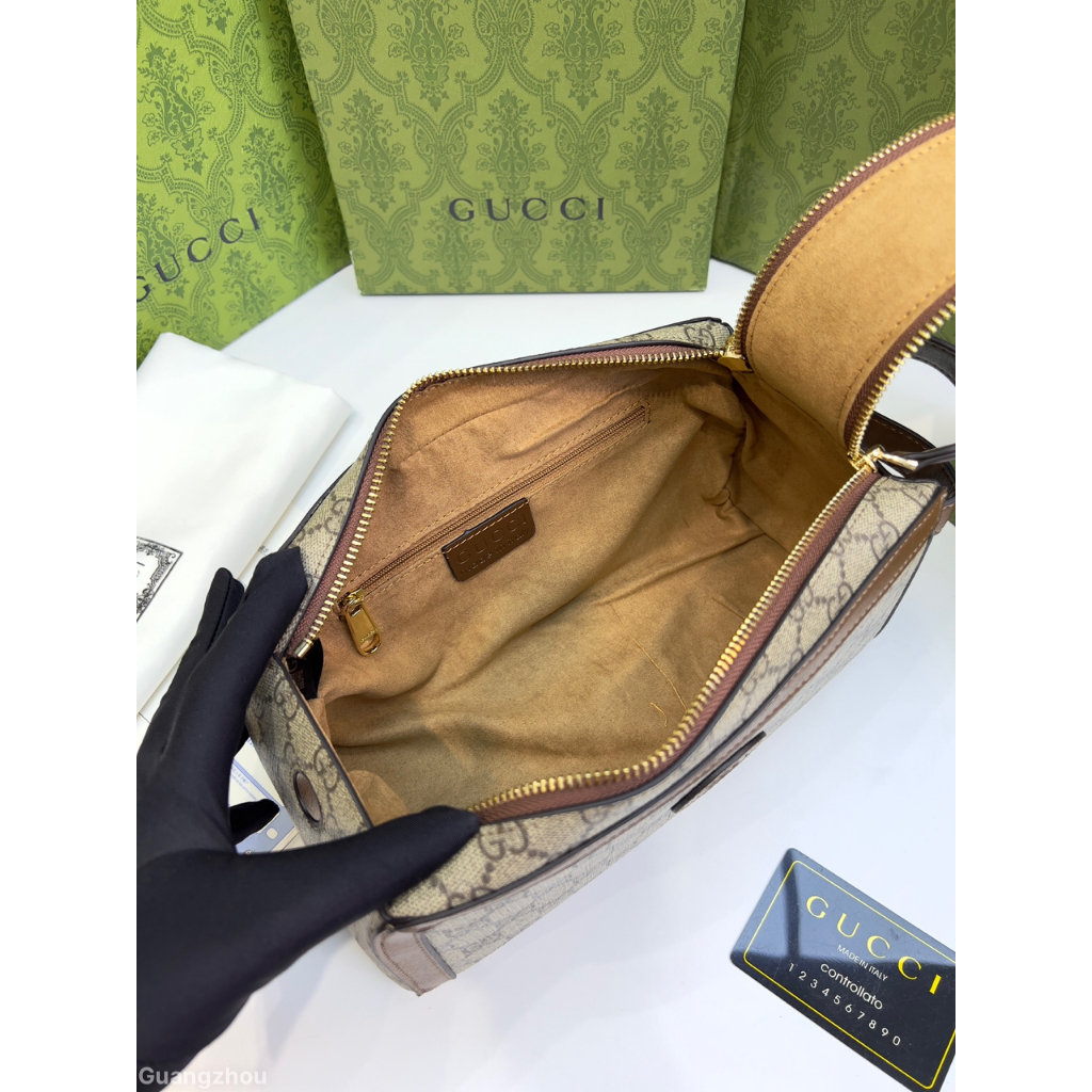 Túi hộp Clutch Gucci 2 khóa tag da nâu họa tiết monogram LA on web fullbox bill thẻ