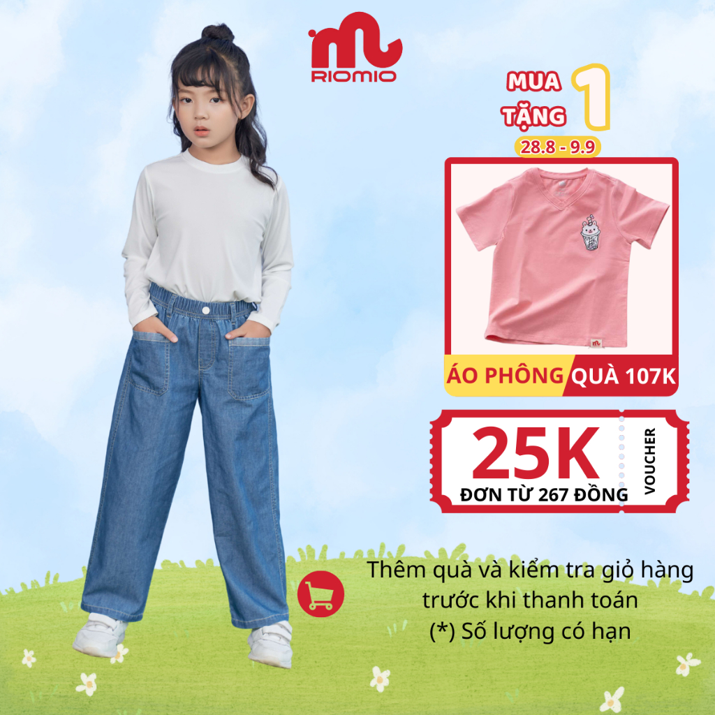 Quần jean bé gái ống rộng RIOMIO quần bò trẻ em gái cạp chun chất jean mềm không phai cho bé 5,6,7,8,9,10,11 tuổi RO277