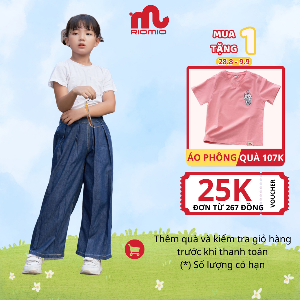 Quần jean bé gái ống rộng Riomio quần bò xếp ly chất jean mềm mịn, thoáng mát, không phai màu, size đại 20-55kg - RO232
