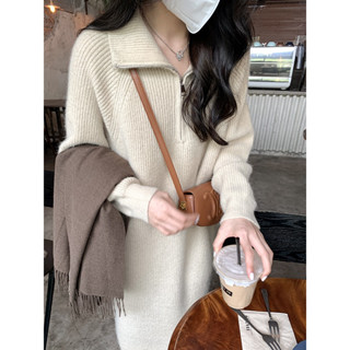 Váy Len Polo Dáng Dài Qua Gối Có Cổ Kéo Khóa Đầm Len Dệt Kim Dài Tay Dáng Suông Váy Len Bầu Váy Nữ Thu Đông V