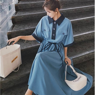 Đầm sơ mi xanh túi hộp rút eo, váy dạo phố xuongvnxk vnxk