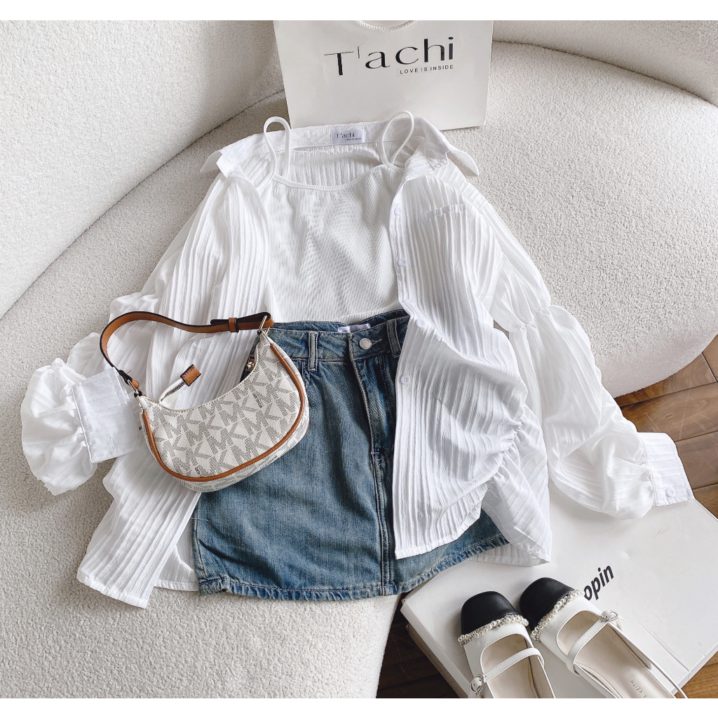 SET 3 MÓN SƠ MI JEAN: ÁO SƠ MI ĐŨI NHÚN TAY PHỒNG + ÁO LÓT TRONG + CHÂN VÁY JEAN