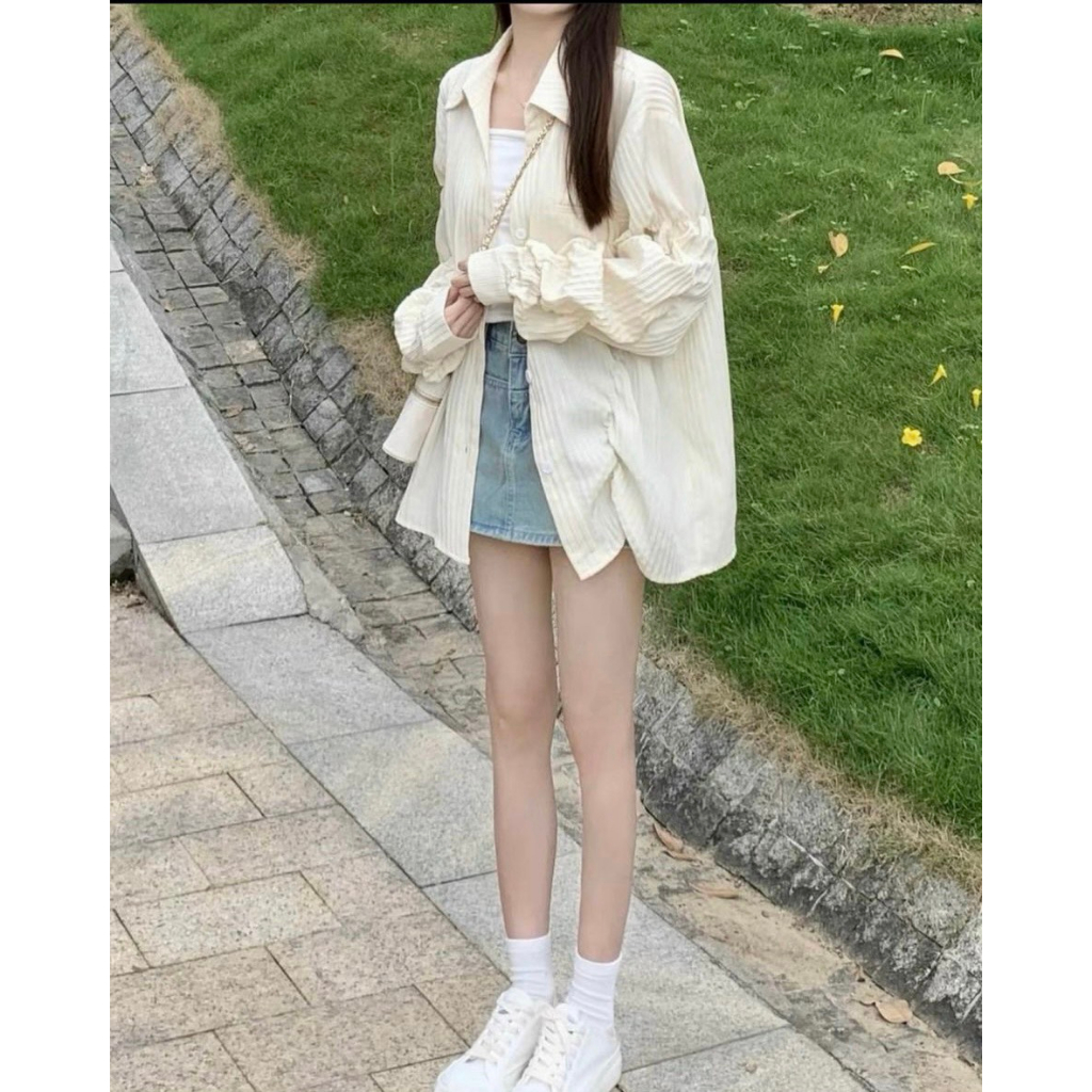 SET 3 MÓN SƠ MI JEAN: ÁO SƠ MI ĐŨI NHÚN TAY PHỒNG + ÁO LÓT TRONG + CHÂN VÁY JEAN