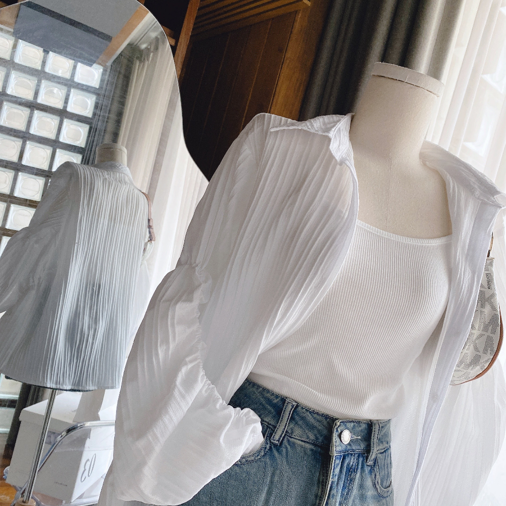 SET 3 MÓN SƠ MI JEAN: ÁO SƠ MI ĐŨI NHÚN TAY PHỒNG + ÁO LÓT TRONG + CHÂN VÁY JEAN