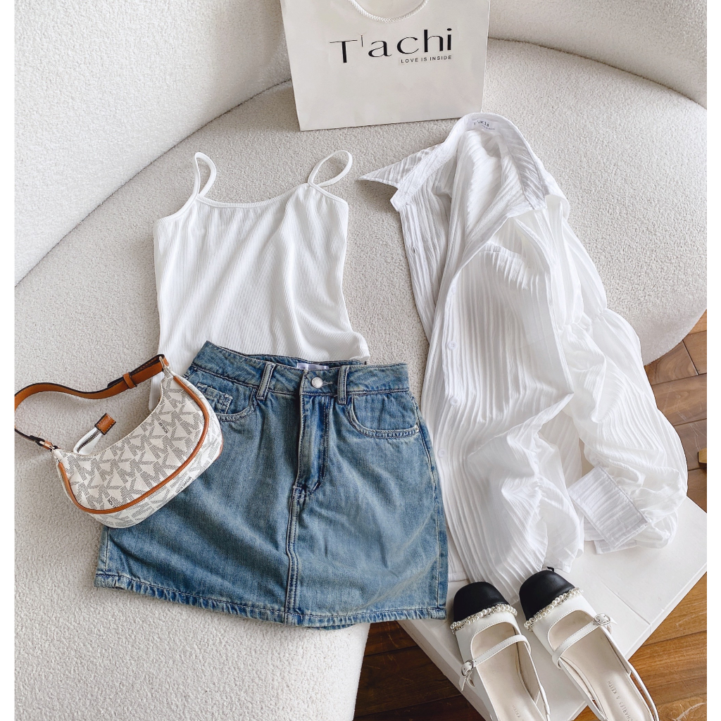 SET 3 MÓN SƠ MI JEAN: ÁO SƠ MI ĐŨI NHÚN TAY PHỒNG + ÁO LÓT TRONG + CHÂN VÁY JEAN
