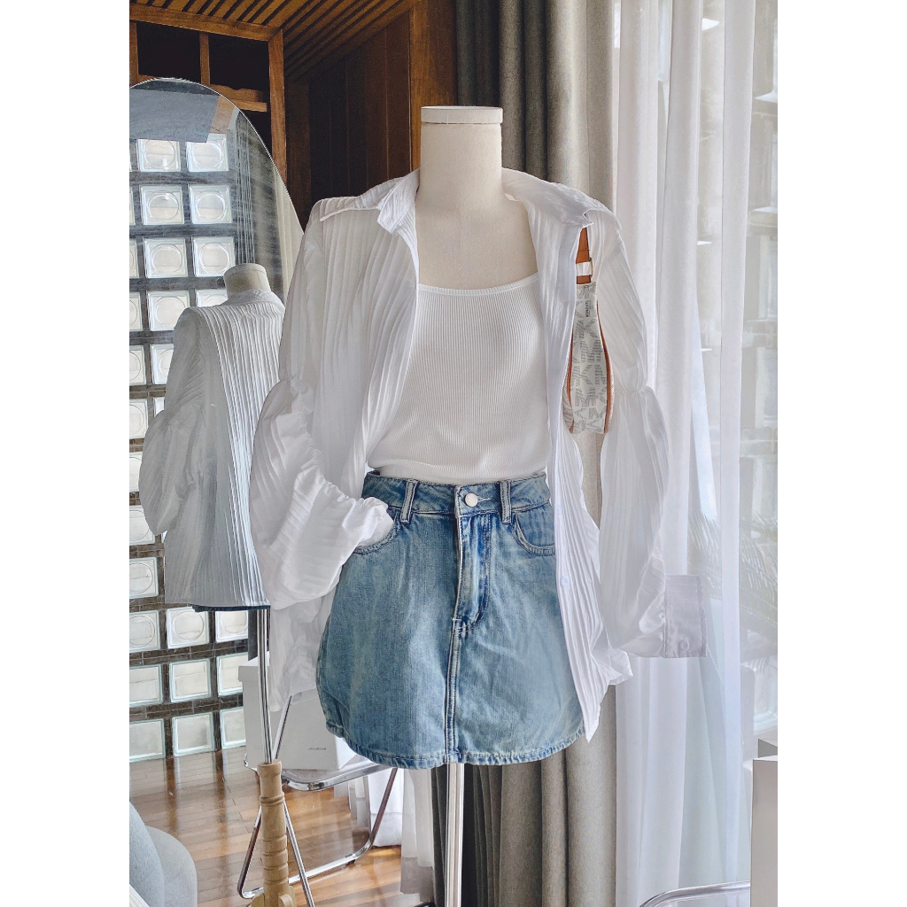 SET 3 MÓN SƠ MI JEAN: ÁO SƠ MI ĐŨI NHÚN TAY PHỒNG + ÁO LÓT TRONG + CHÂN VÁY JEAN