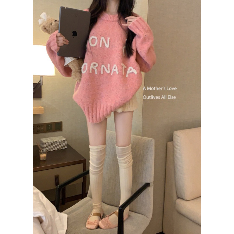 Áo len dệt kim dài tay màu hồng