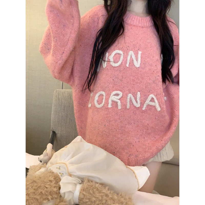 Áo len dệt kim dài tay màu hồng