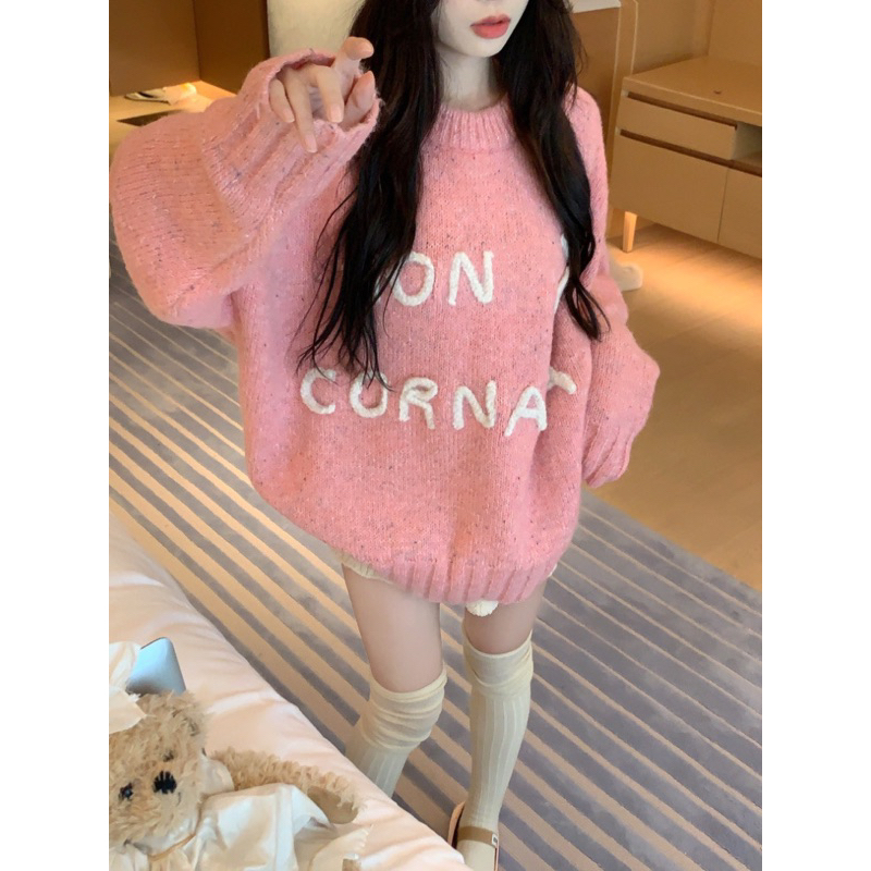 Áo len dệt kim dài tay màu hồng