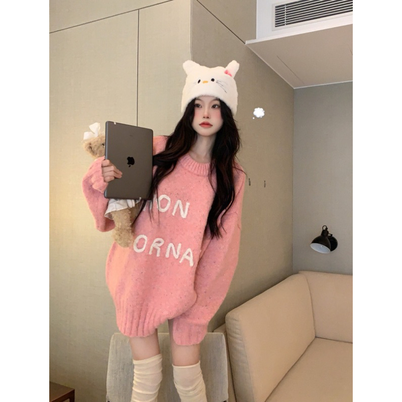 Áo len dệt kim dài tay màu hồng