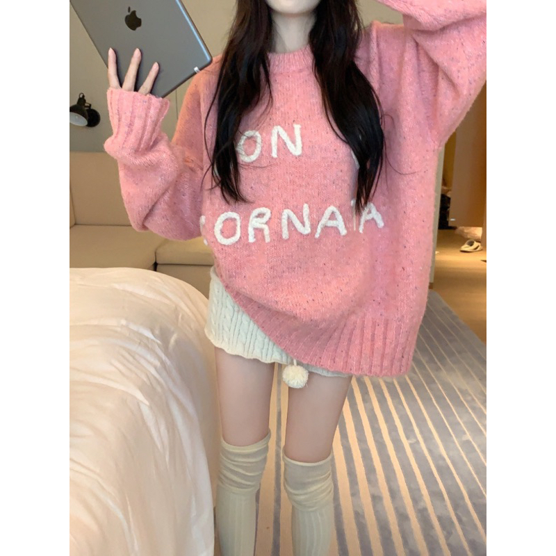 Áo len dệt kim dài tay màu hồng