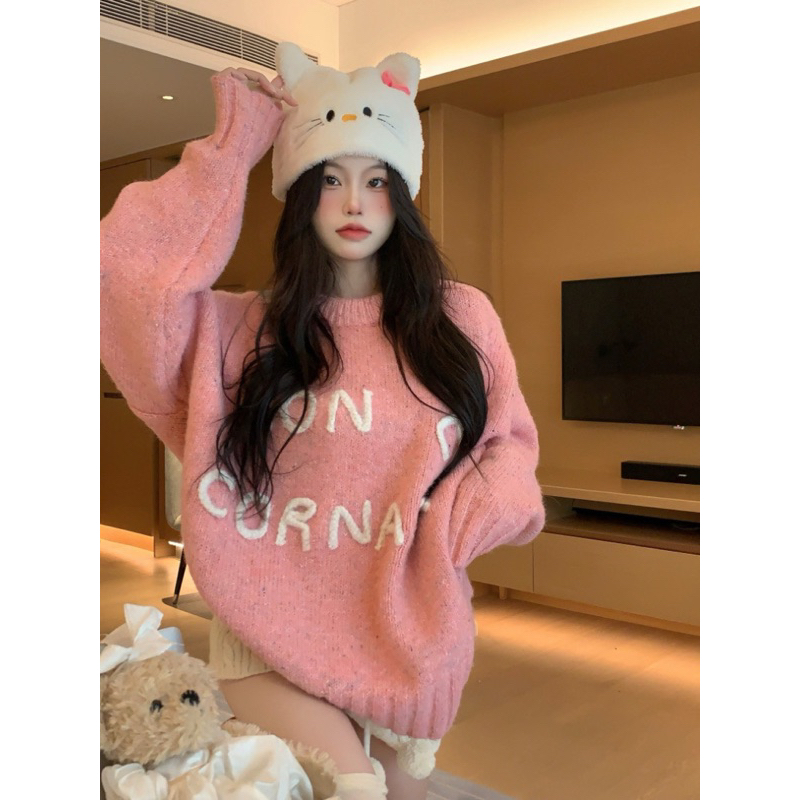 Áo len dệt kim dài tay màu hồng