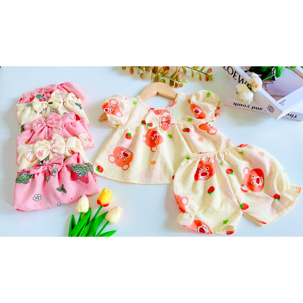 Bộ Đũi Xốp Tay Phồng Phối Nơ Bé (6-14kg) (giao màu ngẫu nhiên)
