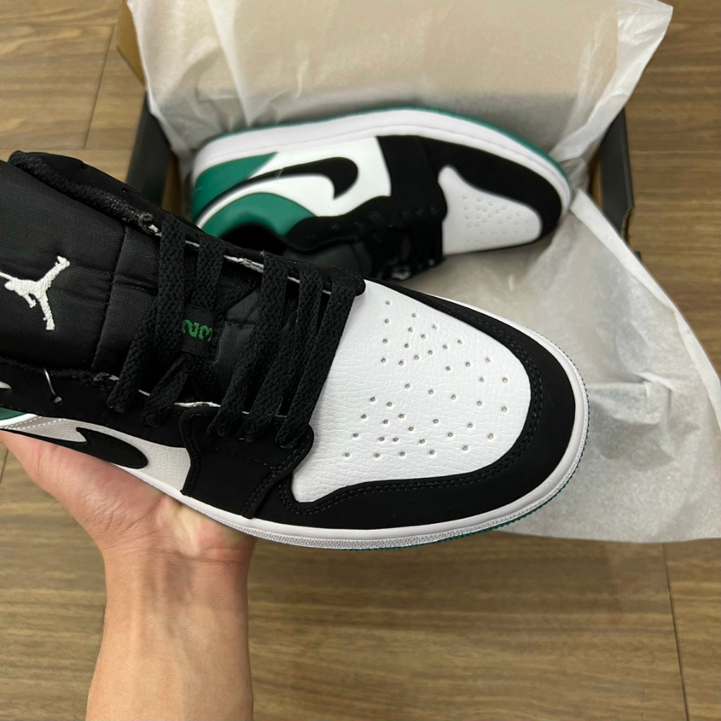 Giày sneaker Jordan low 1 Mystic Green cổ thấp đen trắng gót xanh,Giày thể thao JD đen xanh lá bản SC, Full Box Bill