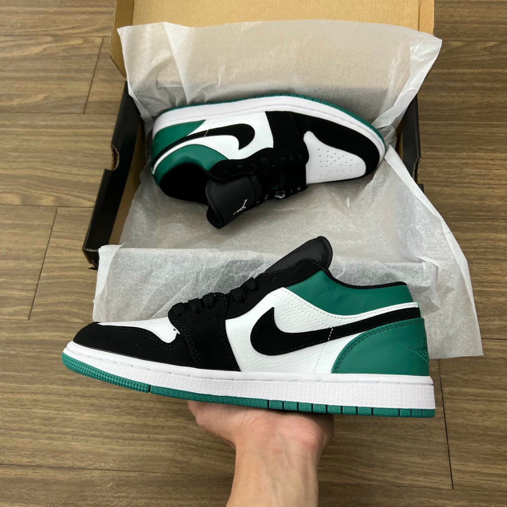 Giày sneaker Jordan low 1 Mystic Green cổ thấp đen trắng gót xanh,Giày thể thao JD đen xanh lá bản SC, Full Box Bill