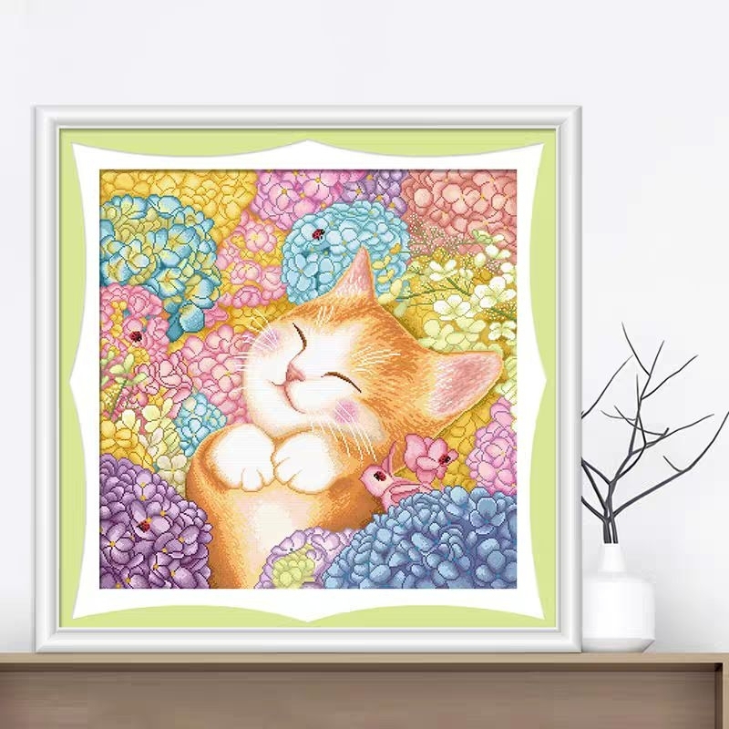 Tranh thêu chữ thập phong cảnh mèo J8113/THÊU KÍN