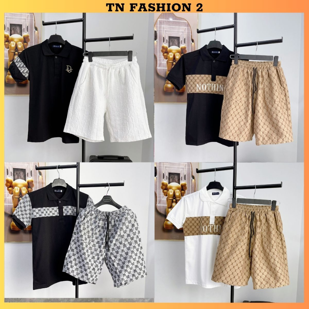 Set đồ nam, bộ quần áo nam mùa hè, áo có cổ phối sọc họa tiết răng, quần bố thô thời trang hot trend chuẩn shop