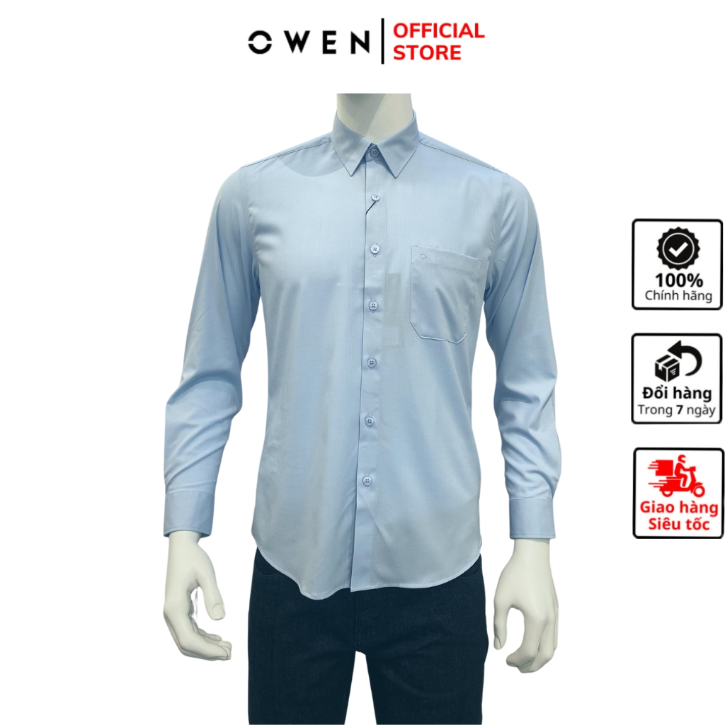 Áo sơ mi dài tay nam OWEN AR230540DT công sở vải sợi tre cao cấp màu dobby xanh nhạt dáng regular fit tà lượn có túi