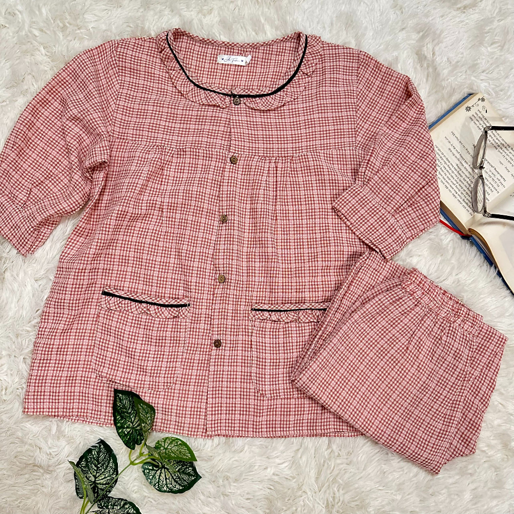 Set bộ pyjama nữ kẻ caro tay lửng quần dài cạp chun co giãn bộ mặc nhà kẻ babydoll chất thô boil 40-70kg Mã 217