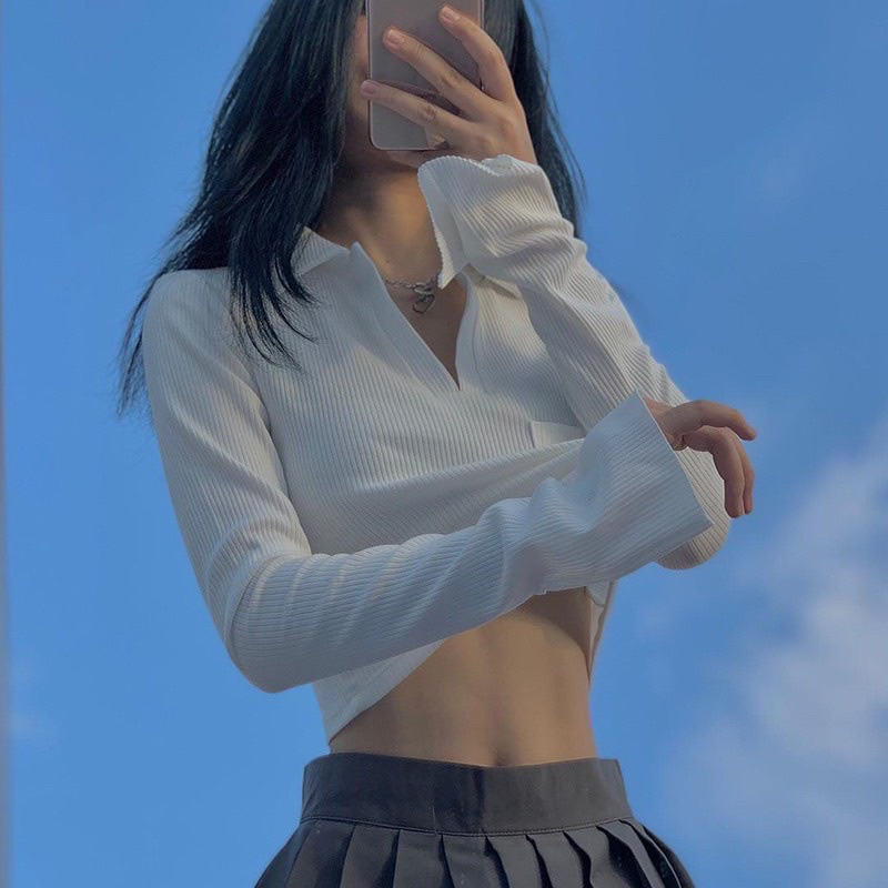 Áo thun dài tay cổ bẻ,  Áo Thun Gân Tay Dài Cổ Bẻ Chữ V From Dài Siii