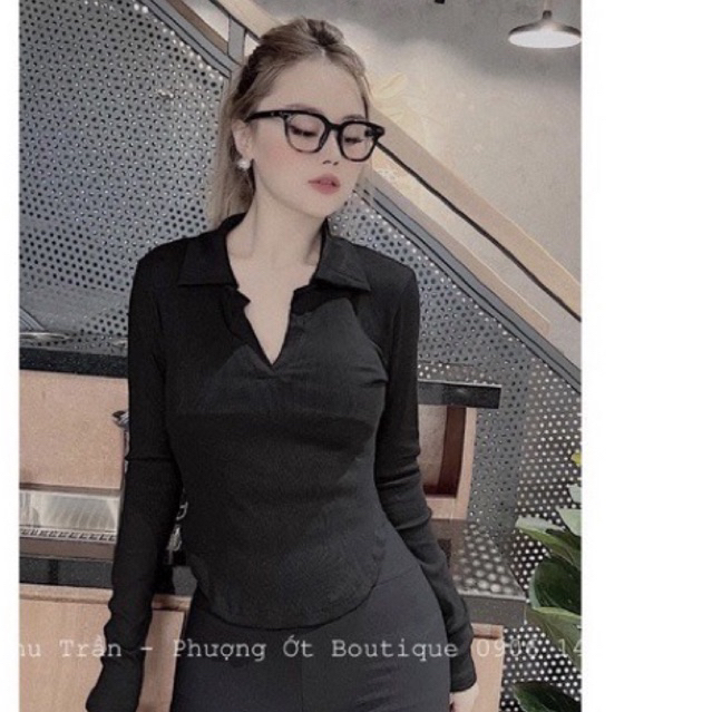 Áo thun dài tay cổ bẻ,  Áo Thun Gân Tay Dài Cổ Bẻ Chữ V From Dài Siii