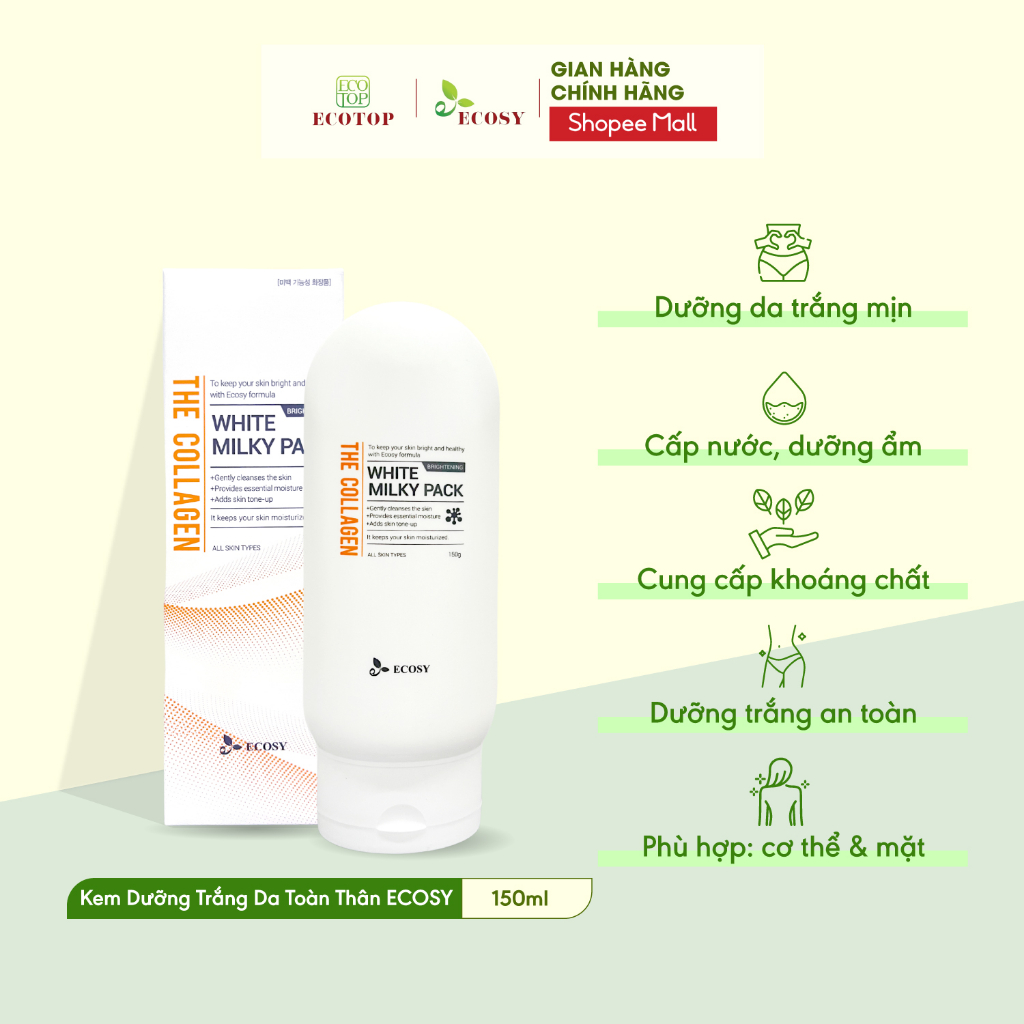 Kem Dưỡng Trắng Da Toàn Thân ECOSY Nature White Milky Pack The Collagen 150ml - Cấp Ẩm, Da Sáng Mịn Màng