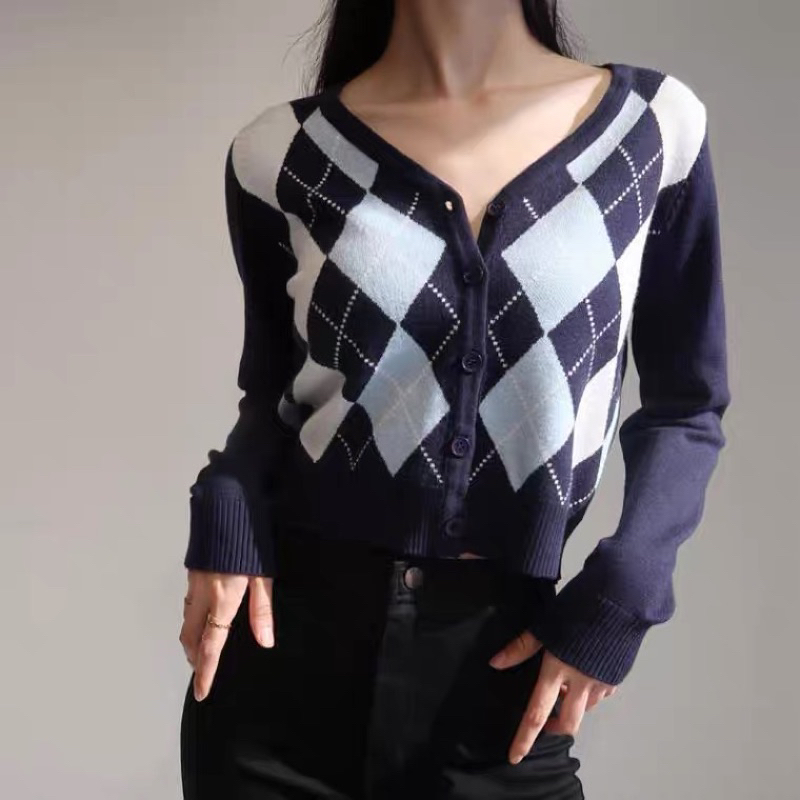 Áo len Brandy kẻ caro, màu xanh, sexy co giãn tốt, ẢNH THẬT TỰ CHỤP