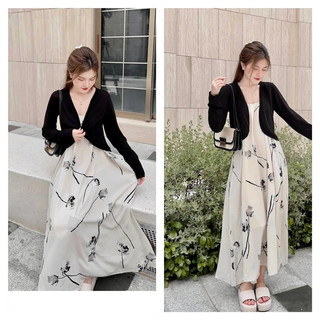 Set váy 2 dây hoa form rộng kèm áo khoắc len tăm hàng 2 lớp kèm ảnh thật(bầu bí bon chen thoải mái