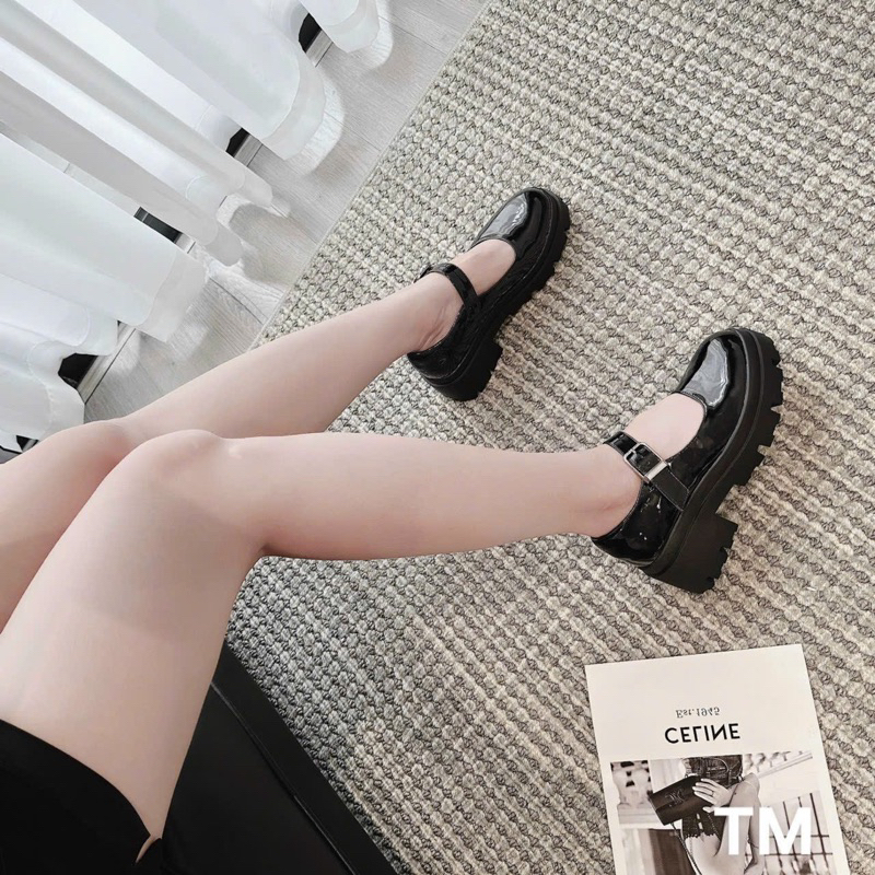 Giầy đế đốc dáng búp bê quai ngang da bóng đế 5cm