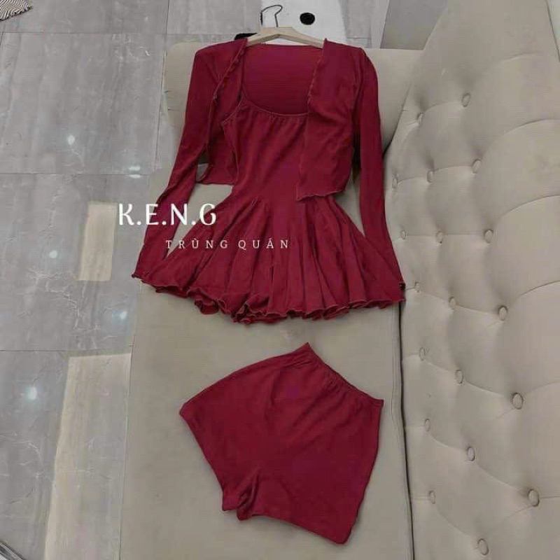 SÉT 3 MÓN ĐẦM HAI DÂY CHẮP TÙNG KẺ SỌC KÈM ÁO KHOÁC LỬNG DỄ THƯƠNG