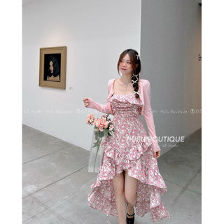 Set váy hoa vạt chéo mix cadigan