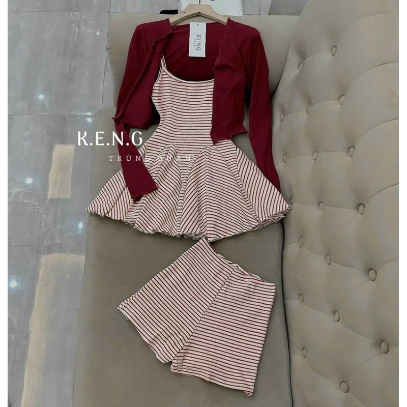 SÉT 3 MÓN ĐẦM HAI DÂY CHẮP TÙNG KẺ SỌC KÈM ÁO KHOÁC LỬNG DỄ THƯƠNG